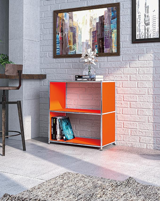 32-Inch 2-Tier Metal Bookcase, Open Shelf Storage Organizer for Living Room, Bedroom, Side Table or Nightstand Use, Modern DIY Assembly, Orange