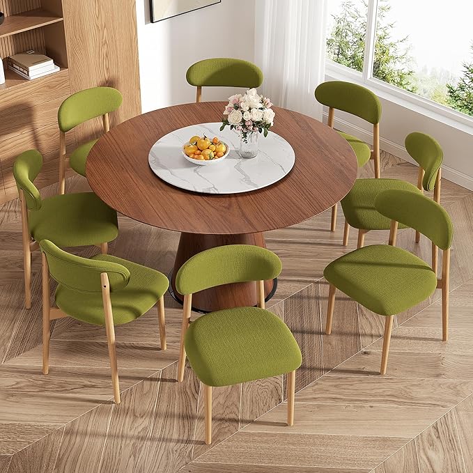 Wooden Dining Chair Set of 8, Modern Dining Chairs with with Curved Back, Fabric Upholstered Kitchen Dining Room Chairs with Adjustable Legs for Farmhouse Dining Living Room,Green