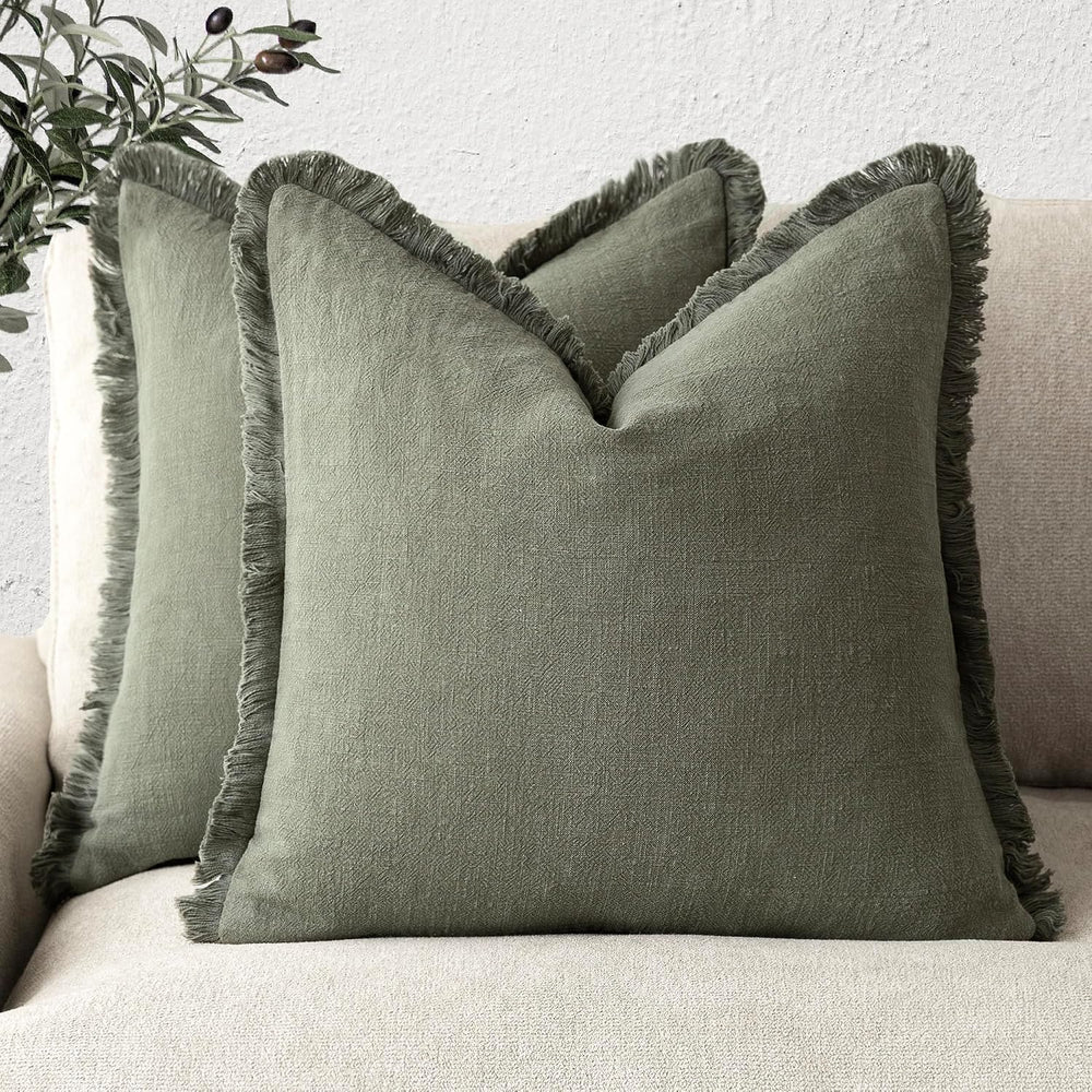 Foindtower Decorative Linen Fringe Throw Pillow Covers 22×22 Olive Green