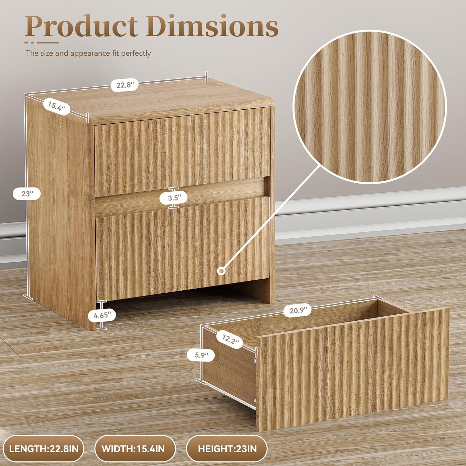 Fluted Nightstand, 23" Wood Bedside Table with 2 Storage Drawers, Oak Modern Night Stand for Bedroom, Office, Oak