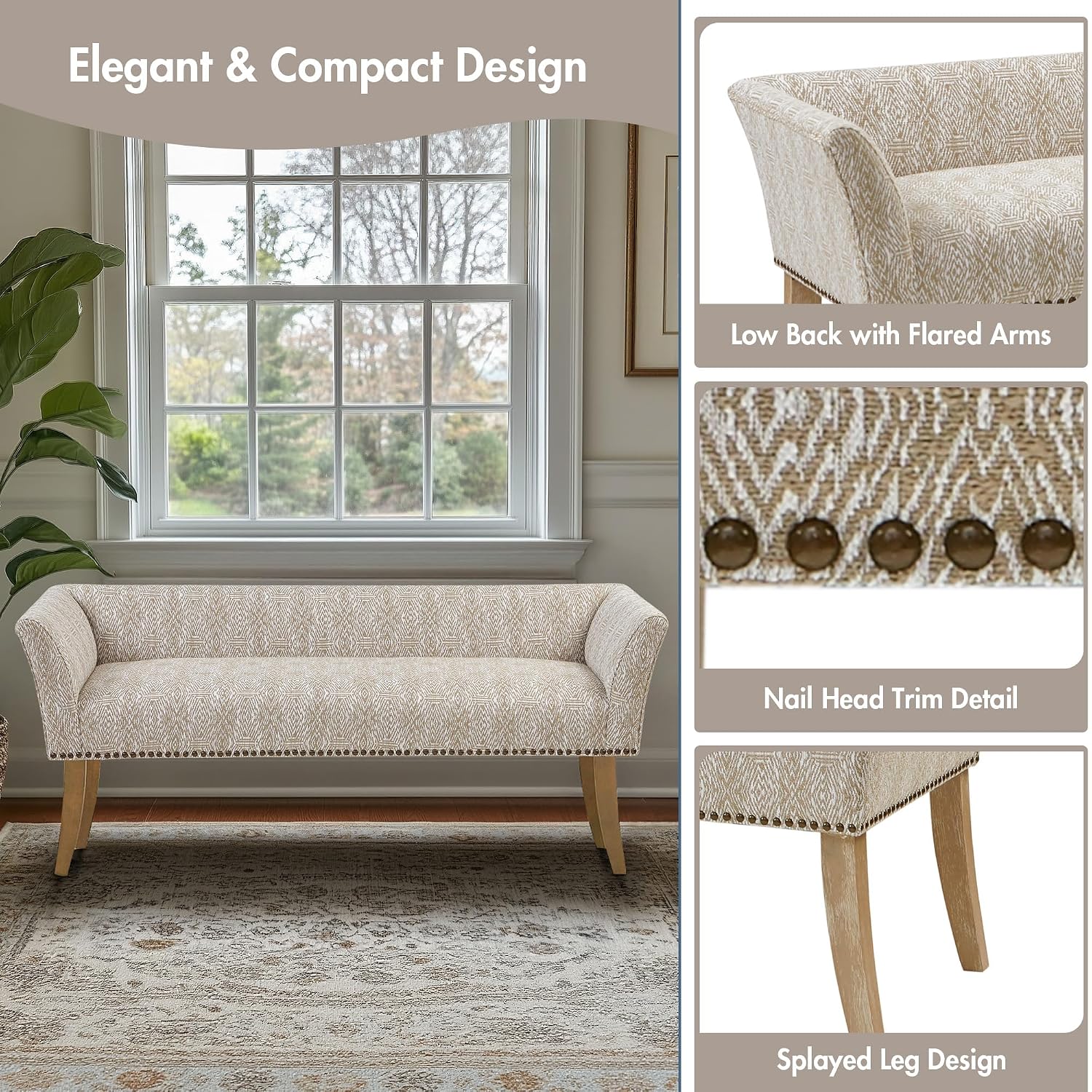 Madison Park Accent Bench for Living Room, Upholstered with Nailhead Trim, & Padded Seat Entryway Bench Small, End of Bed Bench with Back, 49.5" W x 19.25" D x 23" H, Taupe Multi