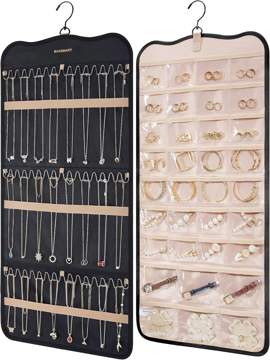 BAGSMART Hanging Jewelry Organizer Storage with Hanger Metal Hooks Double-Sided Jewelry Holder for Earrings, Necklaces, Rings on Closet, Wall, Door, 1 piece Large Black