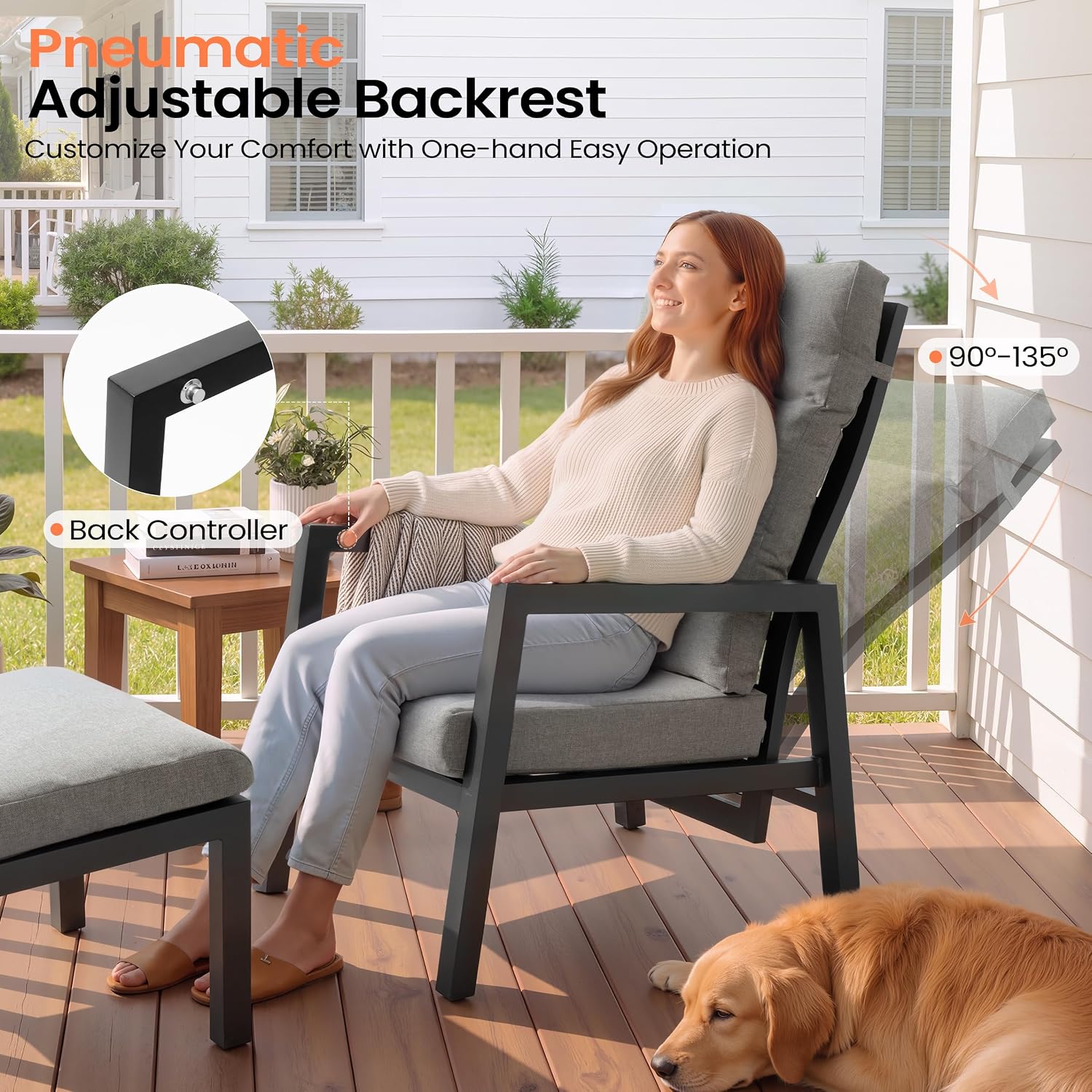 Pellebant Aluminum Outdoor Recliner Chair with Pneumatically Adjustable Backrest - Weather-Resistant Patio Lounge Chair, 4.7-Inch Thick Removable Cushions for Deck, Porch & Backyard, Grey