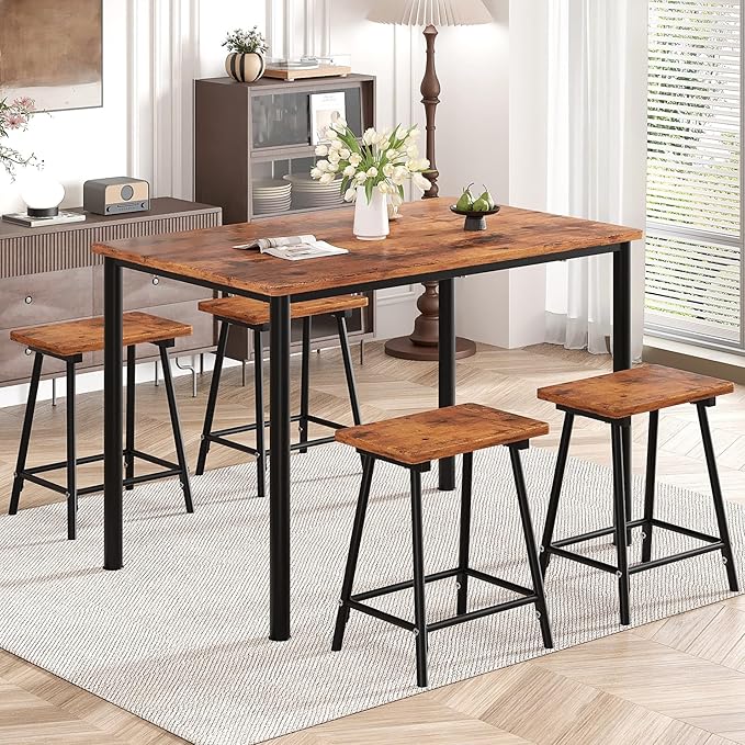 VECELO Kitchen Table and Chairs for 4, Dining Room Set with Chairs/Stools, Heavy-Duty Metal Frame with Wooden Tabletop for Small Spaces, Easy Assembly, Retro Brown