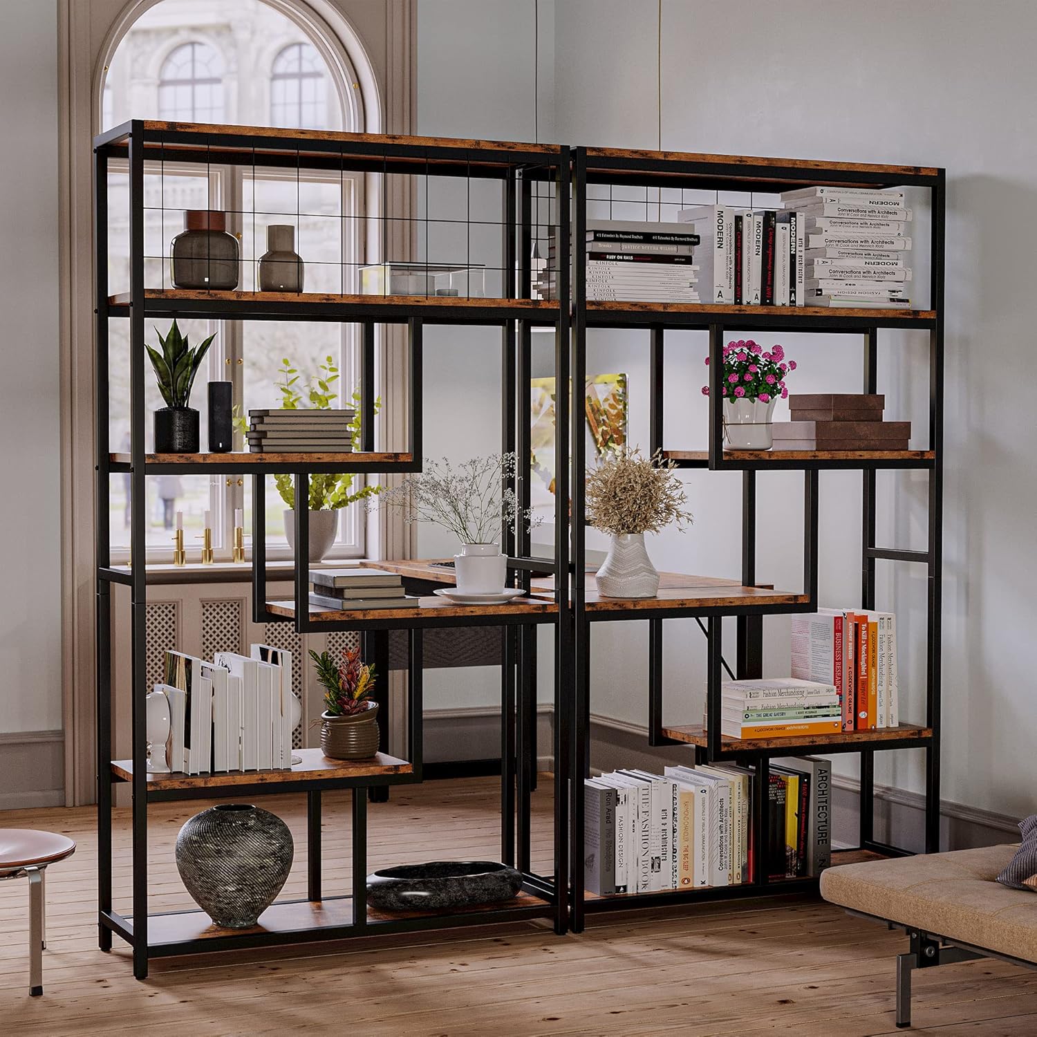 IRONCK Bookshelves 6 Tiers, Industrial Etagere Heavy Duty Shelves for Living Rooom, Office Storage Geomeric Display Boocase, Vintage Brown