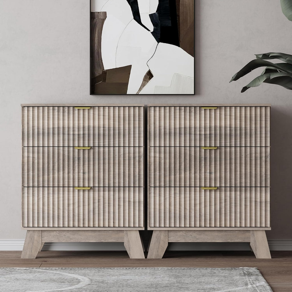 Grey Night Stand with 3 Drawers, Bedside Table & End Table, 24" Wide Mid Century Modern Fluted Wood Nightstand with Metal Handles, Farmhouse Night Stands for Bedroom, Gray