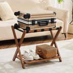 oakvivo Fully Assembled Walnut Luggage Racks Set of 2, Bamboo Luggage Rack Stand for Guest Room, 5 Nylon Straps, 26.77" Folding Suitcase Stand with Storage Shelf for Bedroom Hotel, Holds up to 165 Lbs