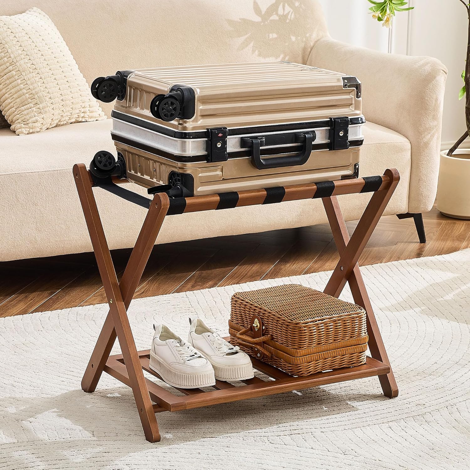 oakvivo Fully Assembled Walnut Luggage Racks Set of 2, Bamboo Luggage Rack Stand for Guest Room, 5 Nylon Straps, 26.77" Folding Suitcase Stand with Storage Shelf for Bedroom Hotel, Holds up to 165 Lbs