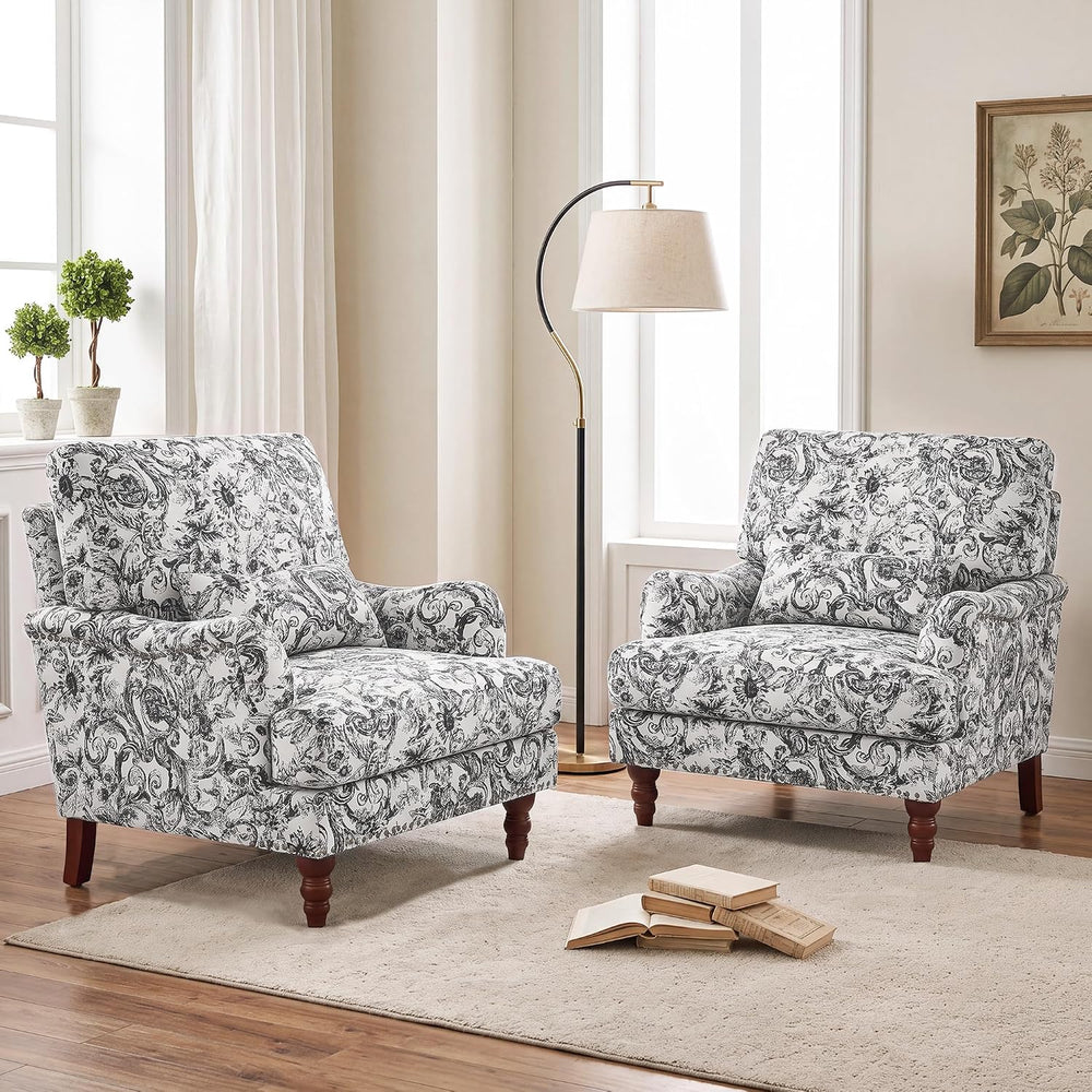 Floral Accent Chairs Set of 2, Chenille Armchair, Rococo Black