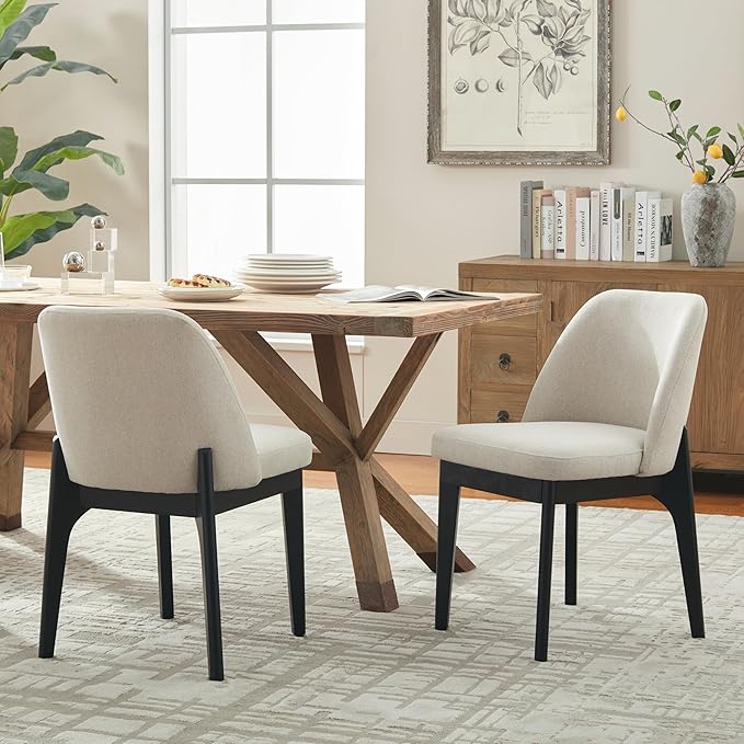 VKNOW Wooden Dining Chairs Set of 2, Upholstered Dining Room Chairs with Rubberwood Legs and Padded Seats, Kitchen Chairs for Restaurant Kitchen Living Room, Khaki