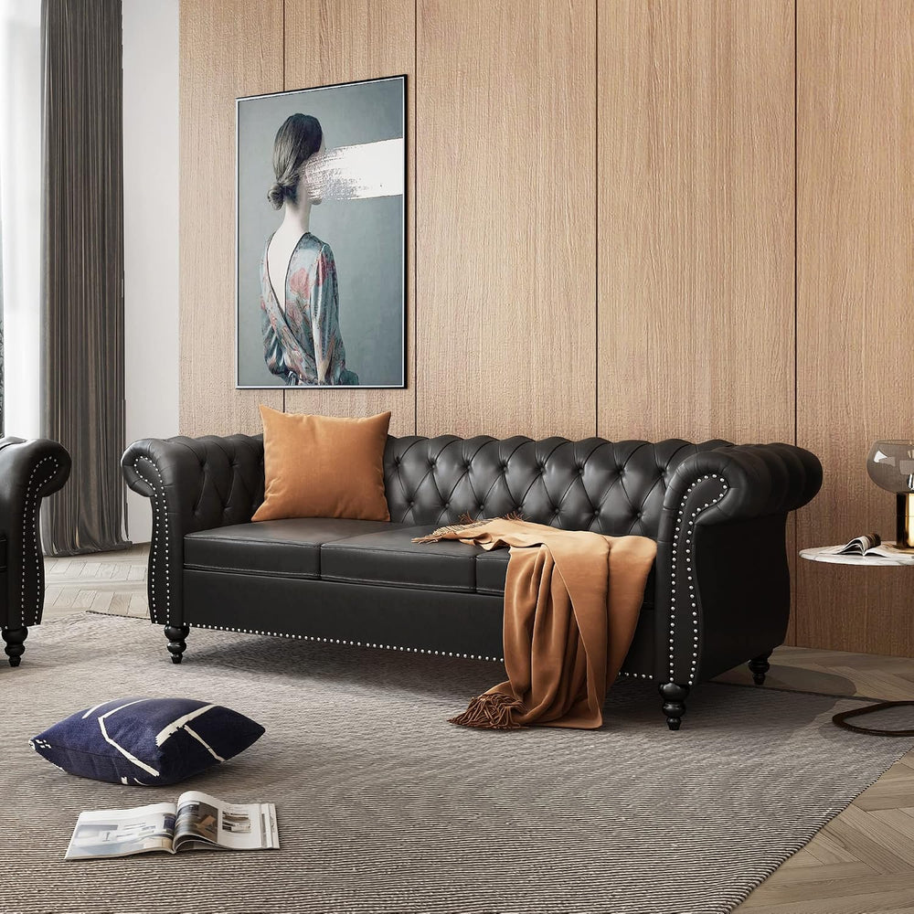 AVZEAR 84" Chesterfield Sofa 3-Seater, Classic Roll Arm PU Leather Couch...