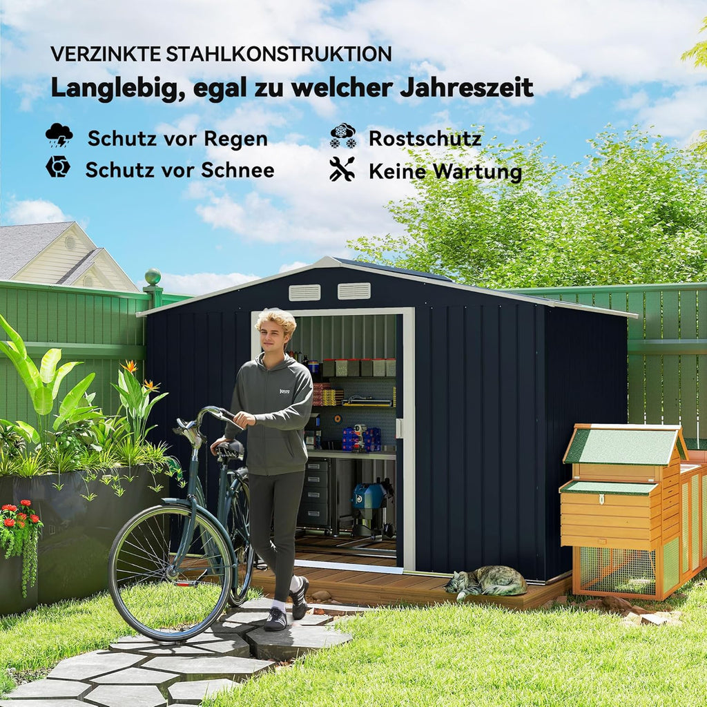 Outsunny 9' x 6' Outdoor Storage Shed, Garden Tool Metal Shed with Foundation Kit, Double Lockable Door, Air Vents and Sloping Roof, for Backyard, Patio, Lawn, Dark Gray