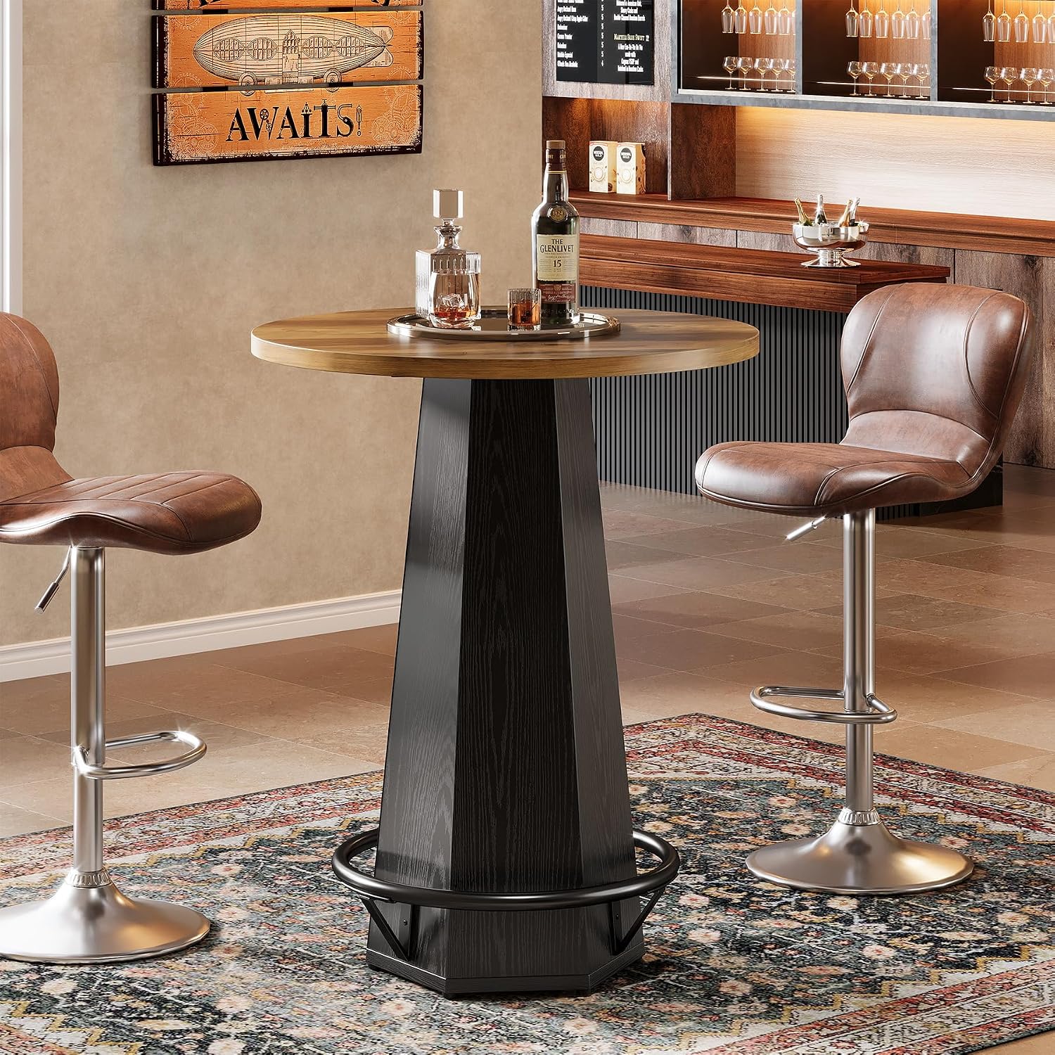 Tribesigns Round Bar Pub Table High Top, 39.4" H Bistro Cocktail Table with Metal Footrest for Drinking & Gathering, Industrial Home Bar Unit, Small Spaces, Brown & Black