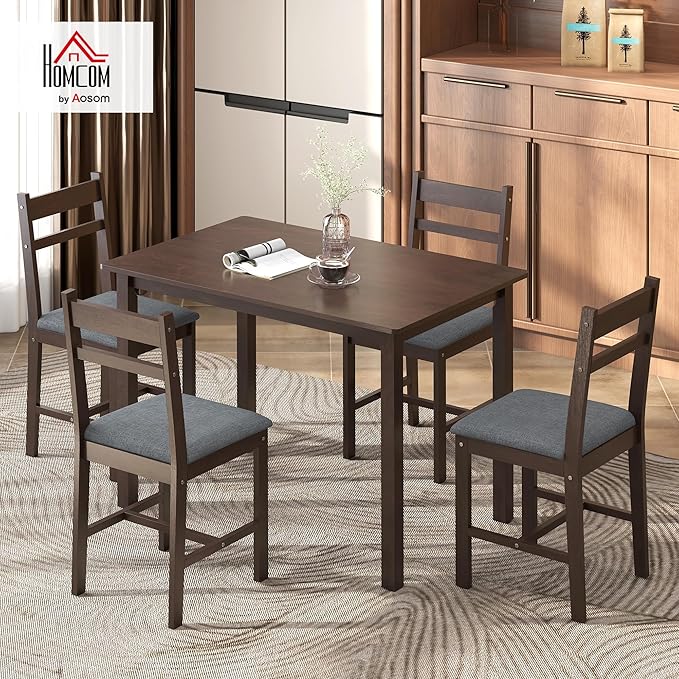 HOMCOM 5-Piece Solid Wood Dining Table Set for 4, Farmhouse Kitchen Table with Upholstered Chairs for Small Space, Dining Room, Breakfast Nook, Walnut and Gray
