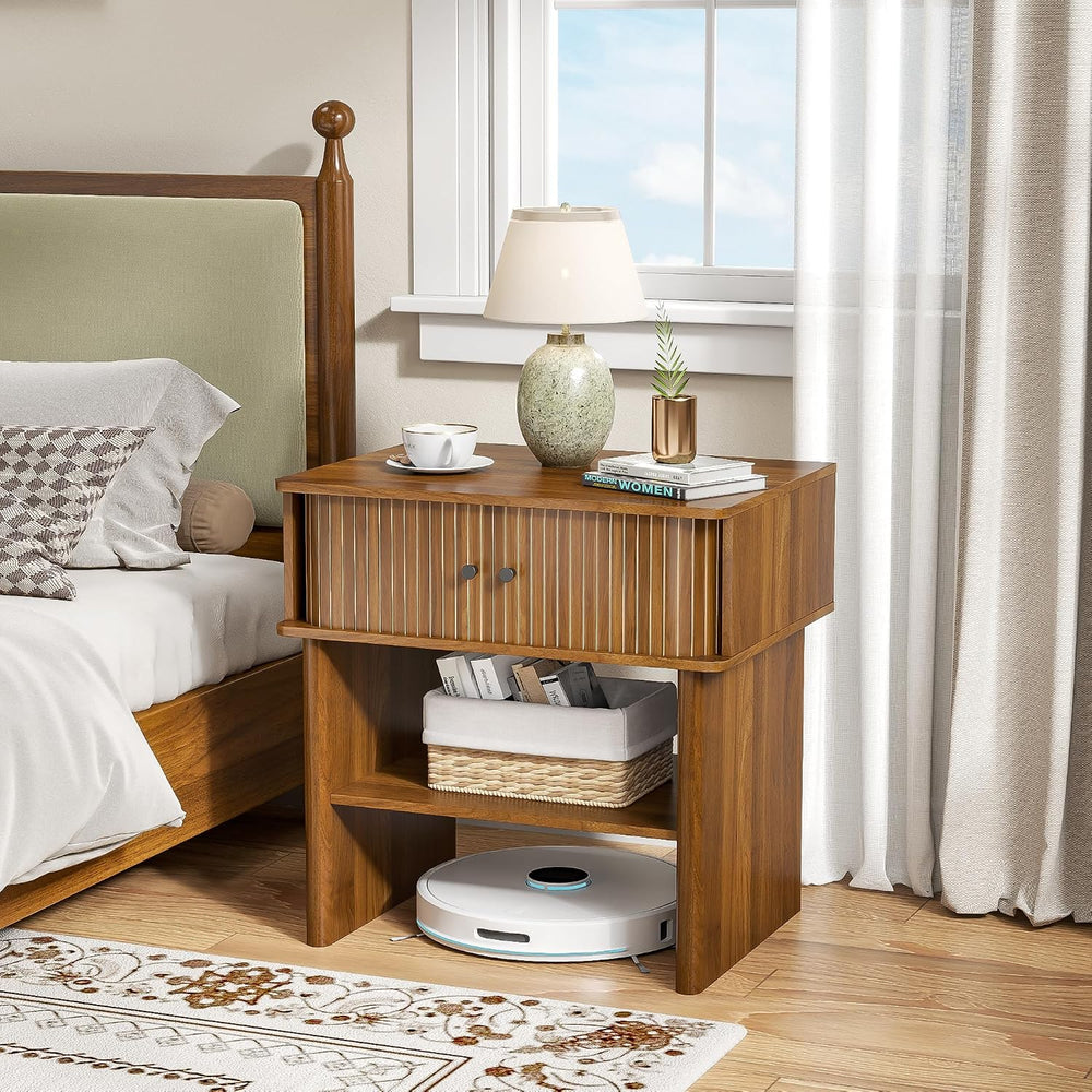Nightstand with Fluted Sliding Door, 3-Tier Side Table with Hidden Cabinet an...