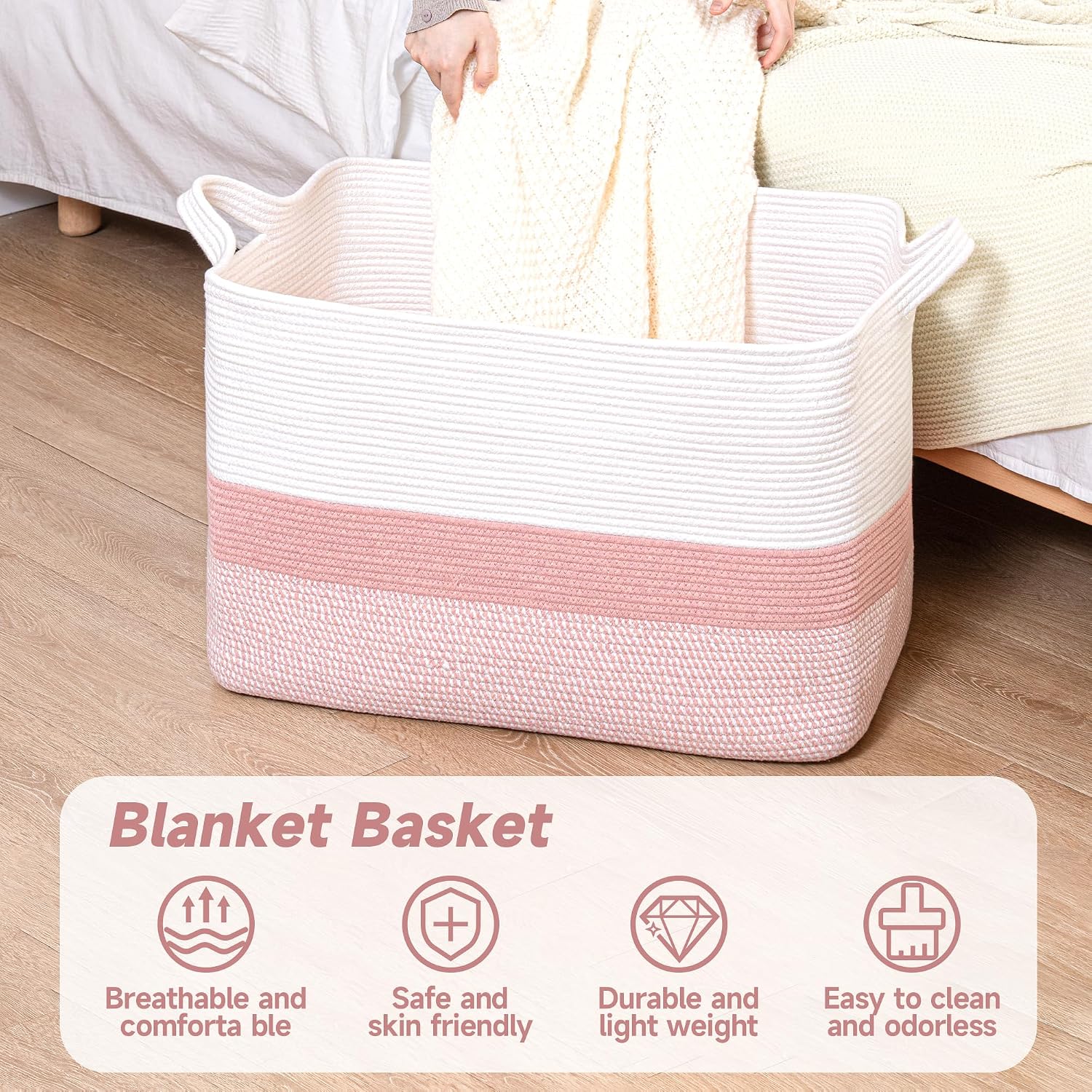 CLHMILY&Z Stylish Square Cotton Rope Storage Basket (Pink & White, 110L)