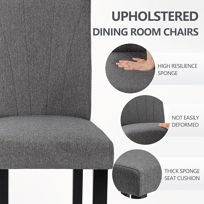 VECELO Upholstered Dining Chairs Set of 2, Modern Fabric and High Back & Solid Wood Legs, Parsons for Kitchen/Living Room- Dark Gray
