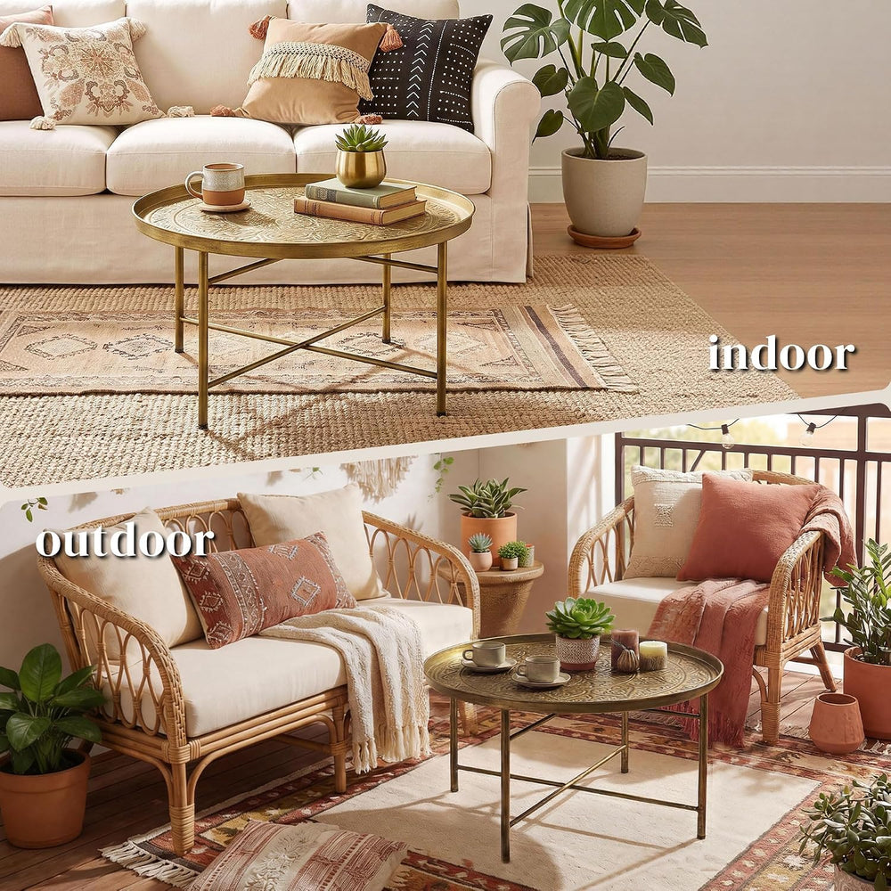 24-Inch Round Coffee Table with Hammered Tray Top and Metal Frame, Gold | Ham...