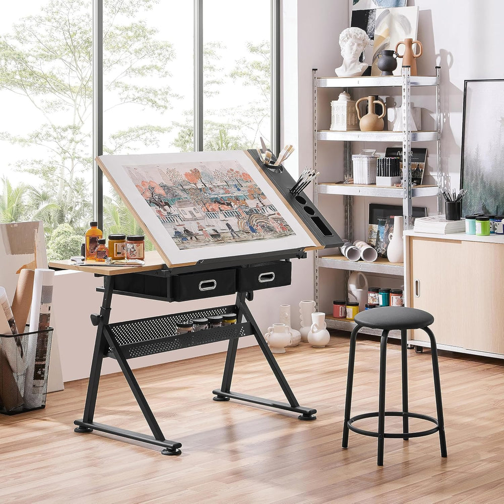 Yaheetech Adjustable Drafting Table Art Desk, Storage Drawers & Stool, Wo...
