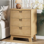 Fluted Nightstand with 3 Storage Drawers, 24" Wide Wood Bedside Table with Mental Handle, Mid Century Modern Wooden Side Table Night Stand, Curved End Table for Bedroom, Living Room, Oak