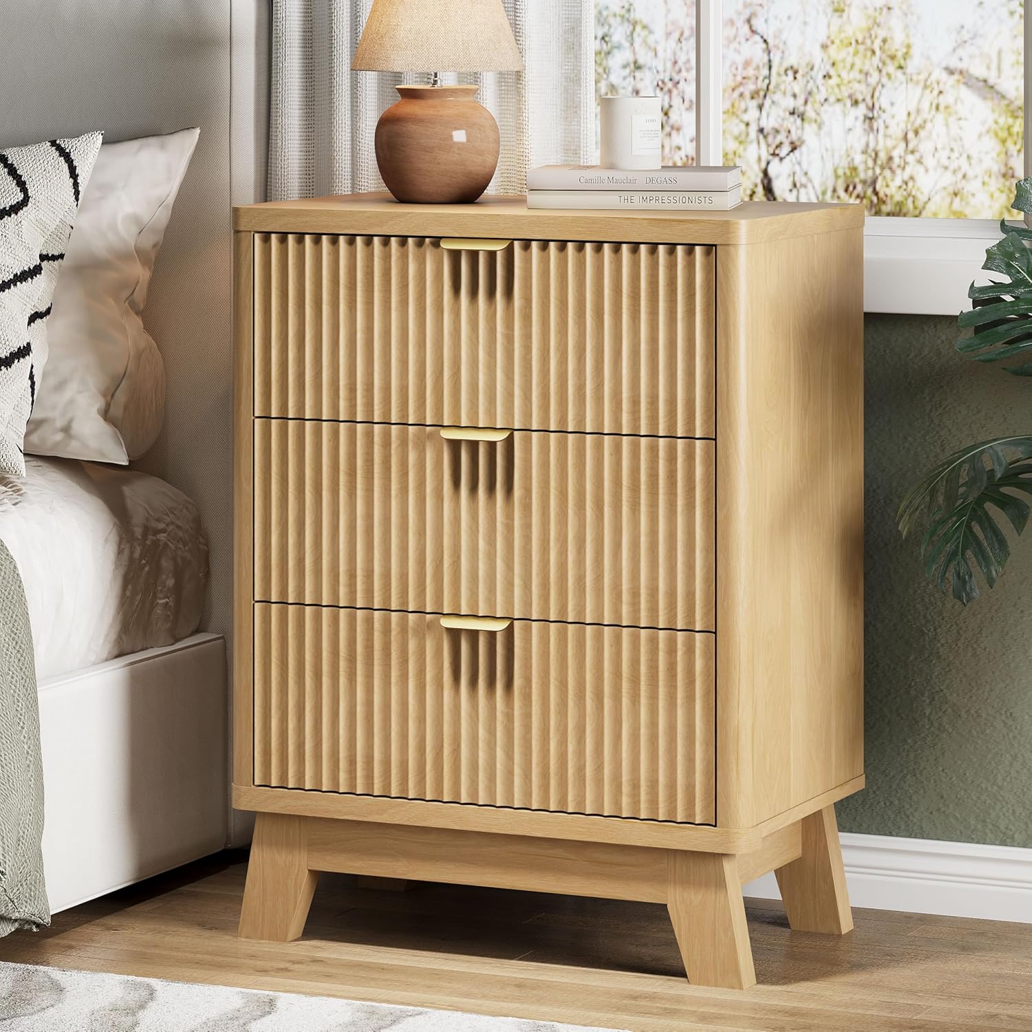 Fluted Nightstand with 3 Storage Drawers, 24" Wide Wood Bedside Table with Mental Handle, Mid Century Modern Wooden Side Table Night Stand, Curved End Table for Bedroom, Living Room, Oak