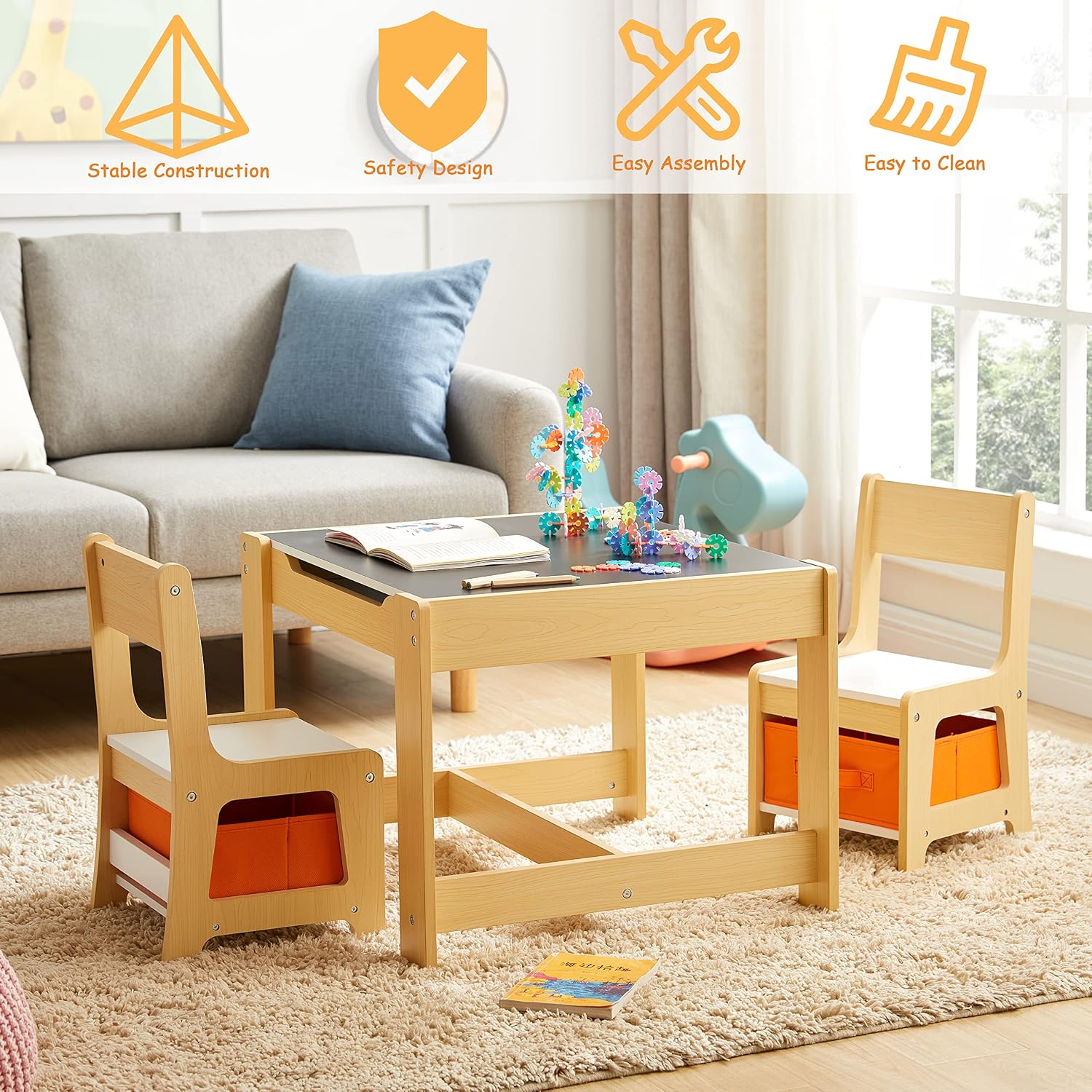 GTOLV Kids Table and Chair Set, 3 in 1 Wooden Activity Table with Storage Drawer for Toddlers Drawing, Reading, Crafts, 2 in 1 Detachable Tabletop Table Set for Nursery, Playroom (Natural)