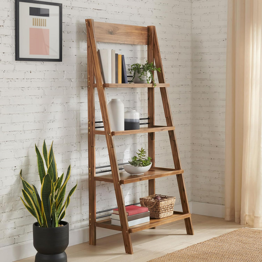 4-Tier Ladder Bookshelf - Freestanding Bookcase with X-Back Frame - Shelves for Living Room, Kitchen, Bedroom, and Office by Lavish Home (Walnut)
