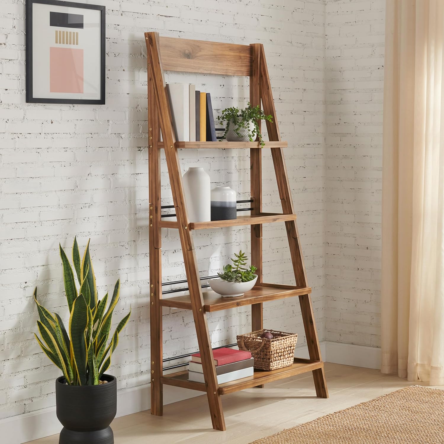 4-Tier Ladder Bookshelf - Freestanding Bookcase with X-Back Frame - Shelves for Living Room, Kitchen, Bedroom, and Office by Lavish Home (Walnut)