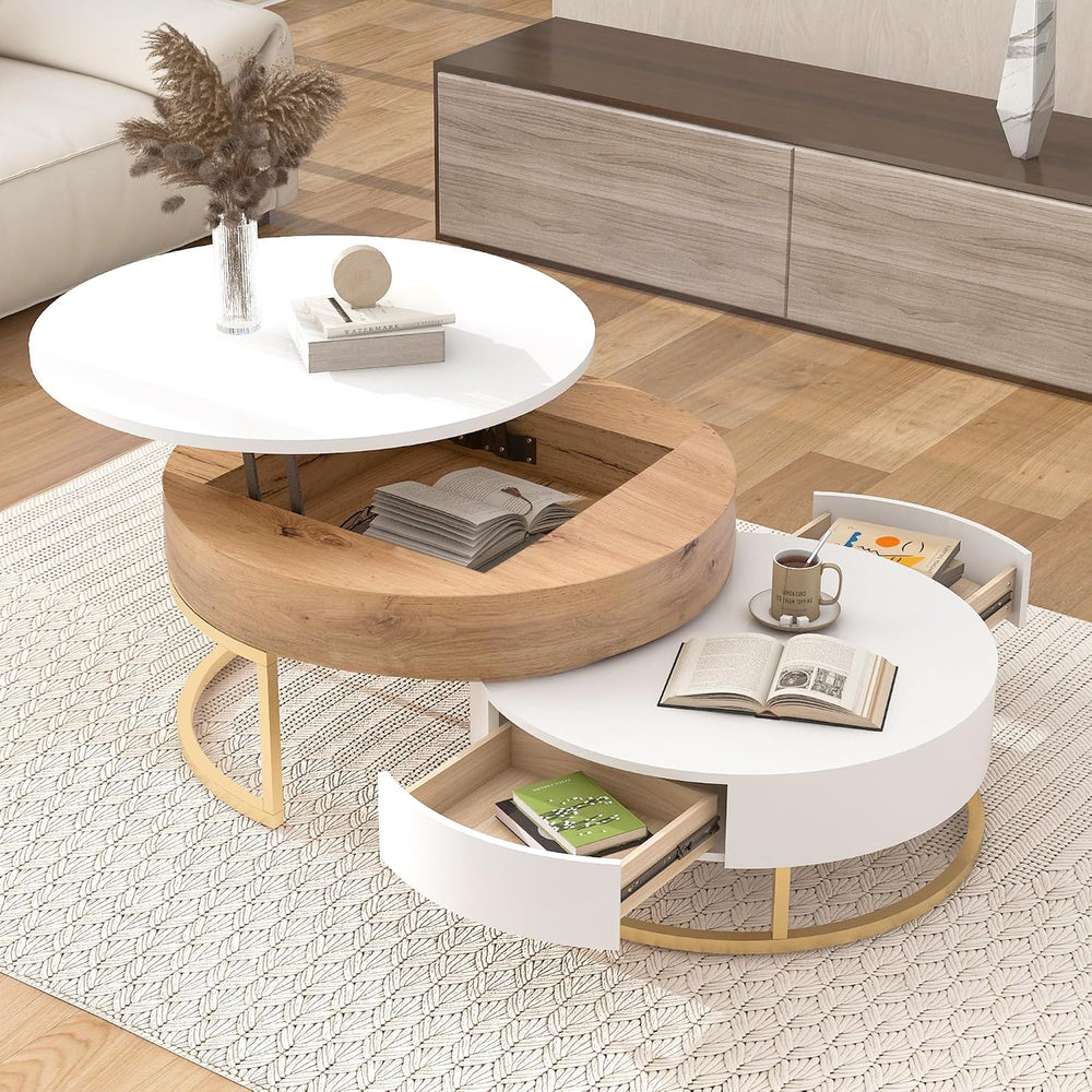 Modern Round Lift-top Nesting Coffee Tables with 2 Drawers Multiple End Table...