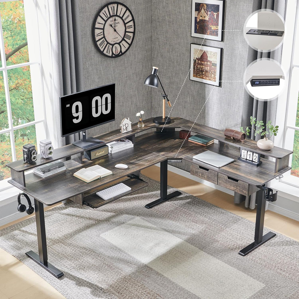 RedLemon 75X60 Inches L Shaped Electric Standing Desk,Height Adjustable Corner Gaming Desk with Drawers, Keyboard Tray, Power Outlets & LED Lights, Computer Desk with Monitor Shelf, Dark Rustic Oak