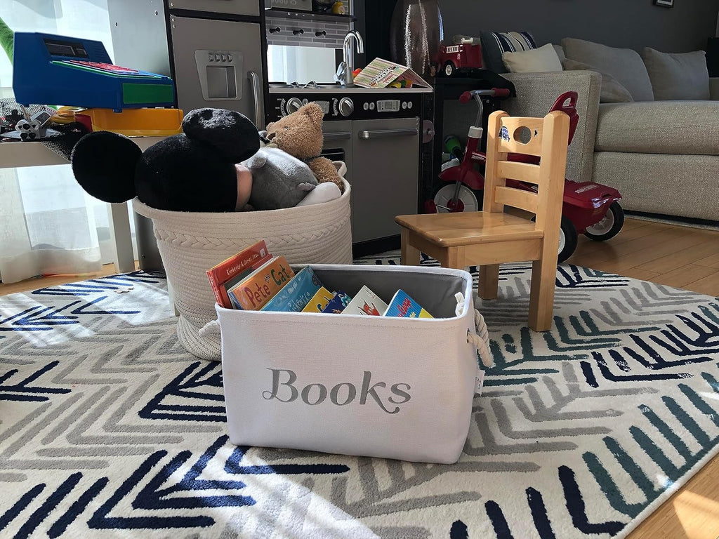 APPLE PIE ORDER Nursery basket, Storage & organizer Bin for Baby, Diapers, Wipes, Books, Toys. White Canvas fabric Decorative Box with Embroidering. (Books - Gray, Medium)