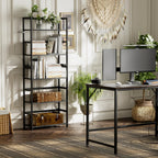 5-Tier Bamboo Wood Ladder Bookshelf, Tall Display Storage Shelf, Large Bookcase Modern Industrial Stand Organizer for Home, Office, Living Room, Kitchen, Bedroom, Black