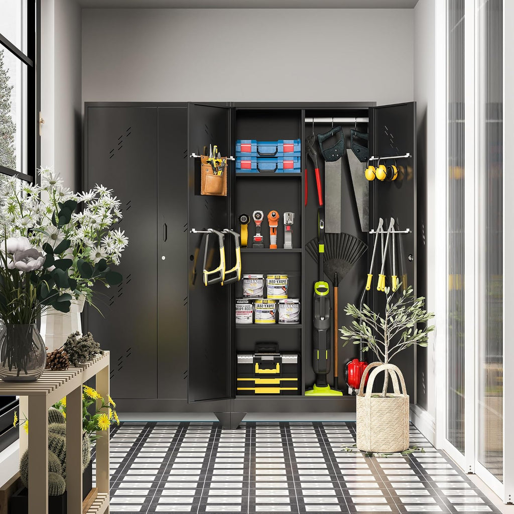 71" Metal Tools Storage Cabinet with Doors and Shelves, Outdoor Storage Sheds with Lock, Black Cleaning Supplies Organization Cabinet with Hanging Rod for Garage, Outdoor,