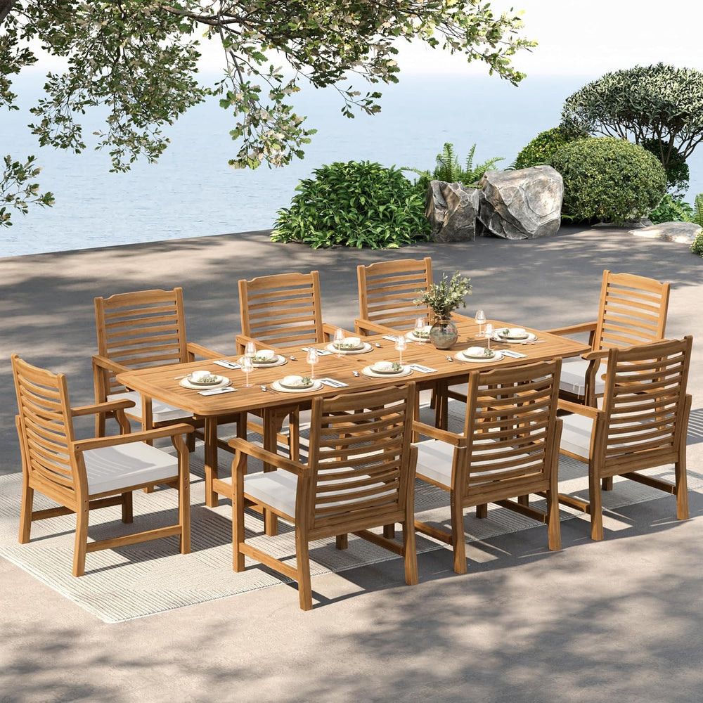 MFSTUDIO 9pc Outdoor Dining Set, Expandable Wood Table w/Umbrella Hole