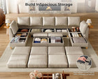 SITJOY 145" Faux Leather Modular Sectional Sofa with Storage, Mid Century Modern Sectional Couches for Living Room, Soft Padded Armrests, 11 Seat U Shaped Sofa Set with Chaise, Greige