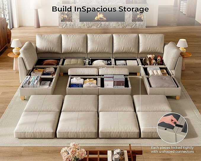 SITJOY 145" Faux Leather Modular Sectional Sofa with Storage, Mid Century Modern Sectional Couches for Living Room, Soft Padded Armrests, 11 Seat U Shaped Sofa Set with Chaise, Greige