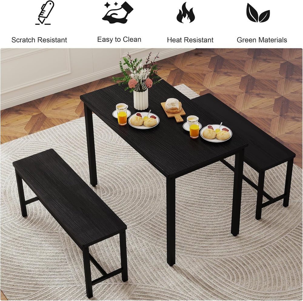 Dining Table Set for 4, Kitchen Table with 2 Benches, 3-Piece Wood Dining Roo...