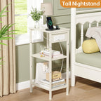Asgolion Tall End Table with Charging Station, Narrow Tall Side Table | 3 Tier Narrow Tall Nightstand with Storage, Slim Tall Bedside Table for Bedroom, Living Room, Office, Cream White