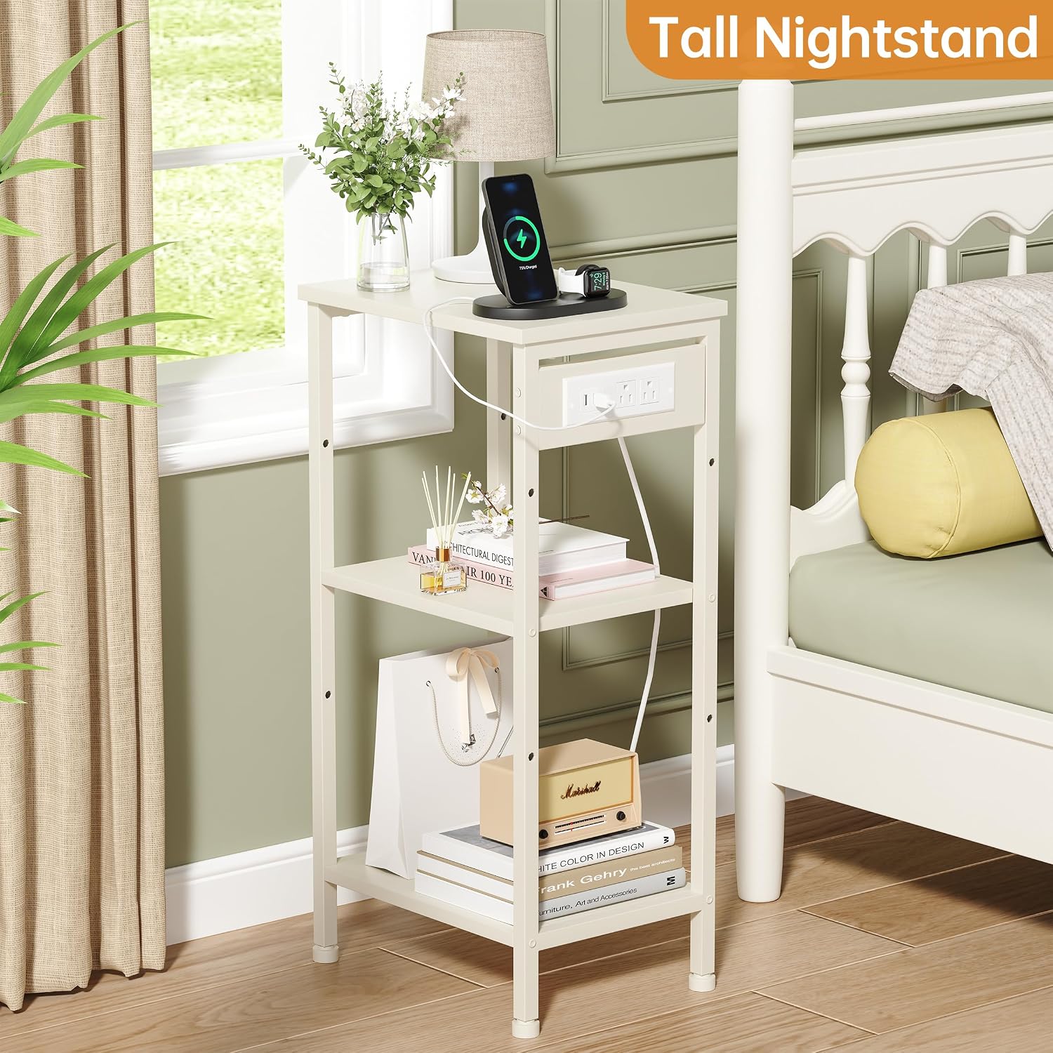 Asgolion Tall End Table with Charging Station, Narrow Tall Side Table | 3 Tier Narrow Tall Nightstand with Storage, Slim Tall Bedside Table for Bedroom, Living Room, Office, Cream White