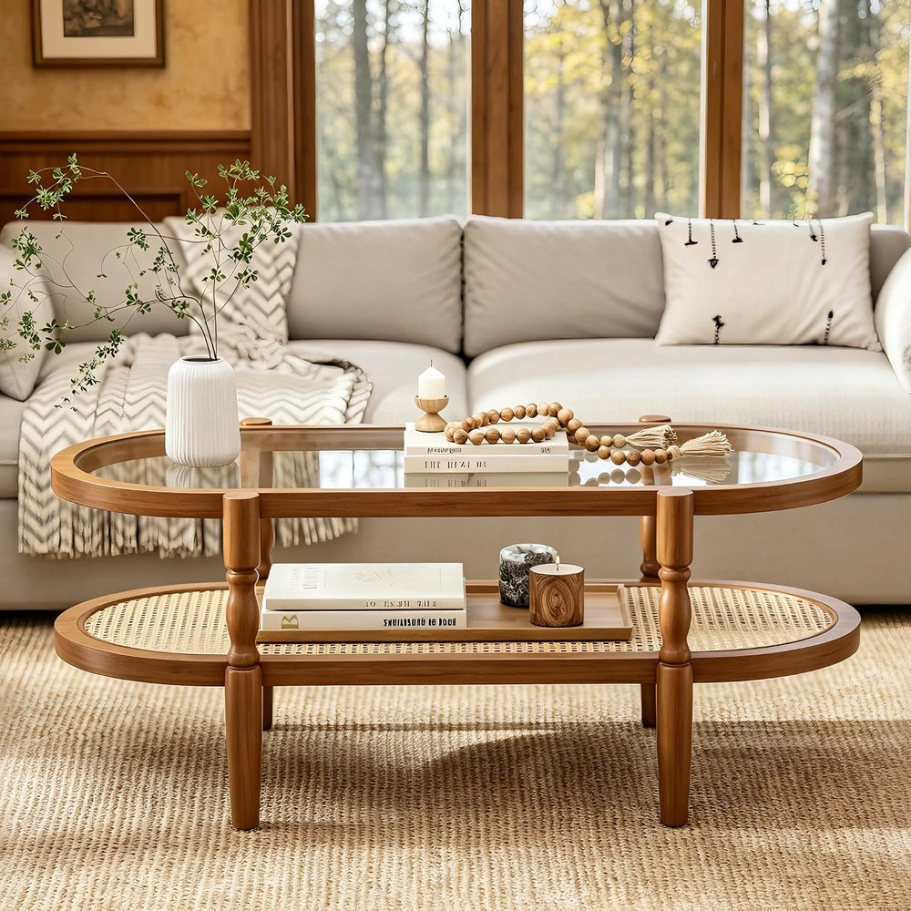 Rattan Coffee Table for Living Room, Oval Wood Glass Table, Brown, 40 inch