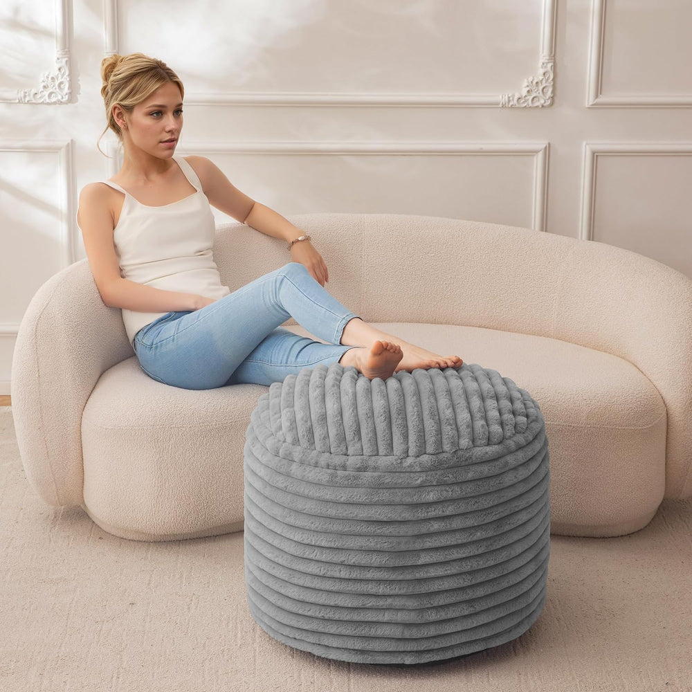 HIGOGOGO Round Stuffed Pouf Ottoman, Stripe Faux Fur Poufs with Foam Chunk Fi...