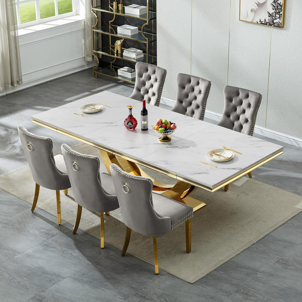 7 Piece Marble Dining Table Set for 6, 94 inch Large White Faux Marble Table ...