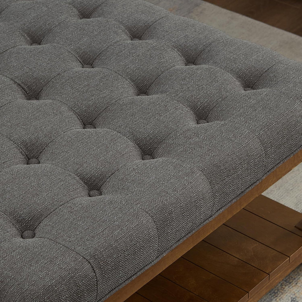 24KF Upholstered Square Coffee Table with Wooden Shelf, Tufted Button Large S...