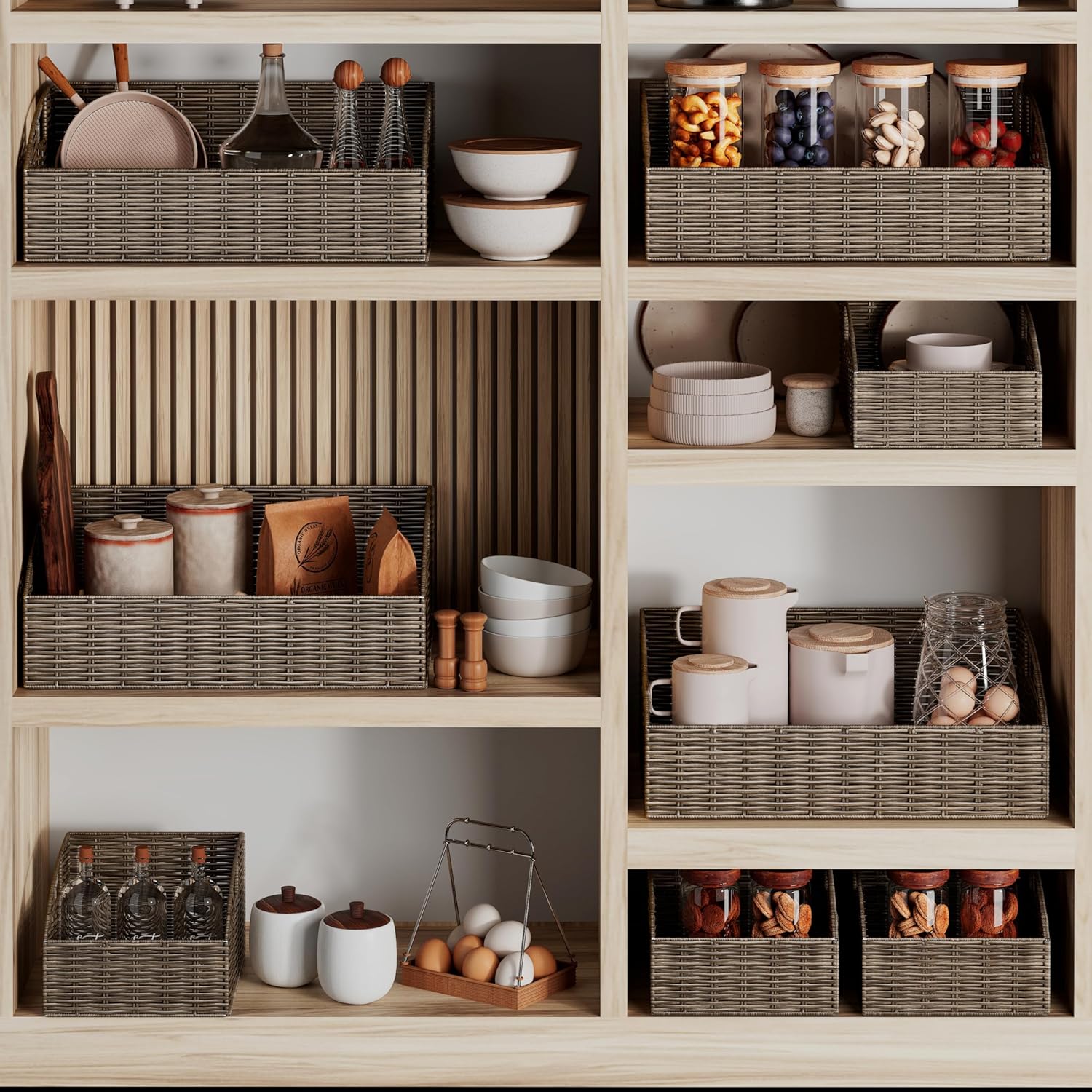 Ollieroo Rattan Storage Baskets, Handwoven Wicker Storage Bins with Built-in Handles, Storage Container Baskets for Shelves, Bedroom, Bathroom, Laundry Room or Kitchen(Brown)