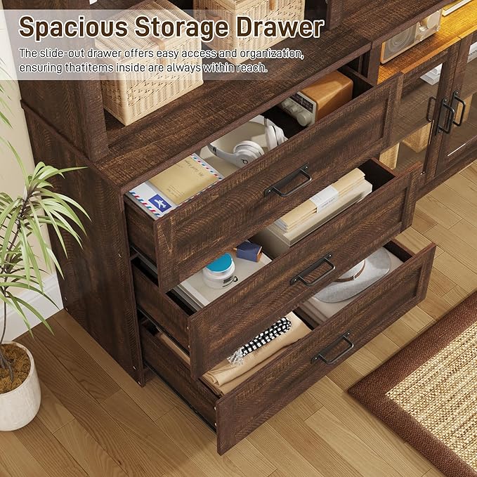 157" W 4-Piece Entertainment Center with Bookshelves for TVs up to 100", Farmhouse Wall Unit TV Stand with Doors & Drawer, Media Console Table for Living Room, Bedroom, Brown