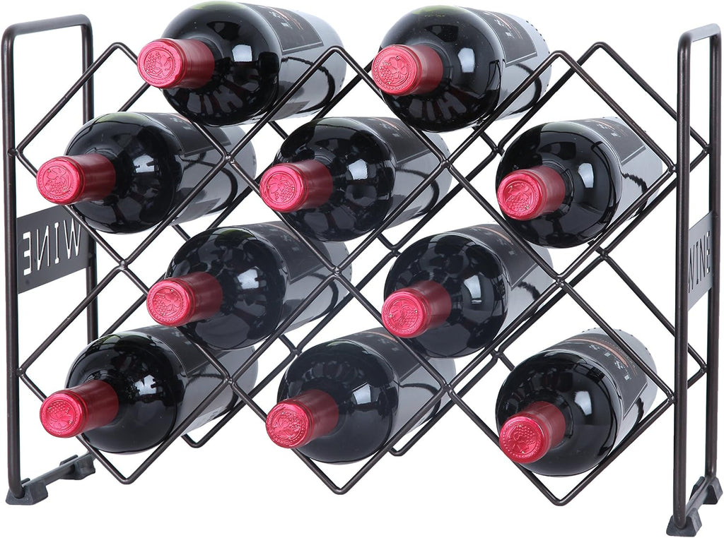 Finnhomy 10 Bottle Wine Rack with Wine Pattern, Wine Bottle Holder Free Standing Wine Storage Rack, 2-Way Storage Original Design, Iron, Brozen