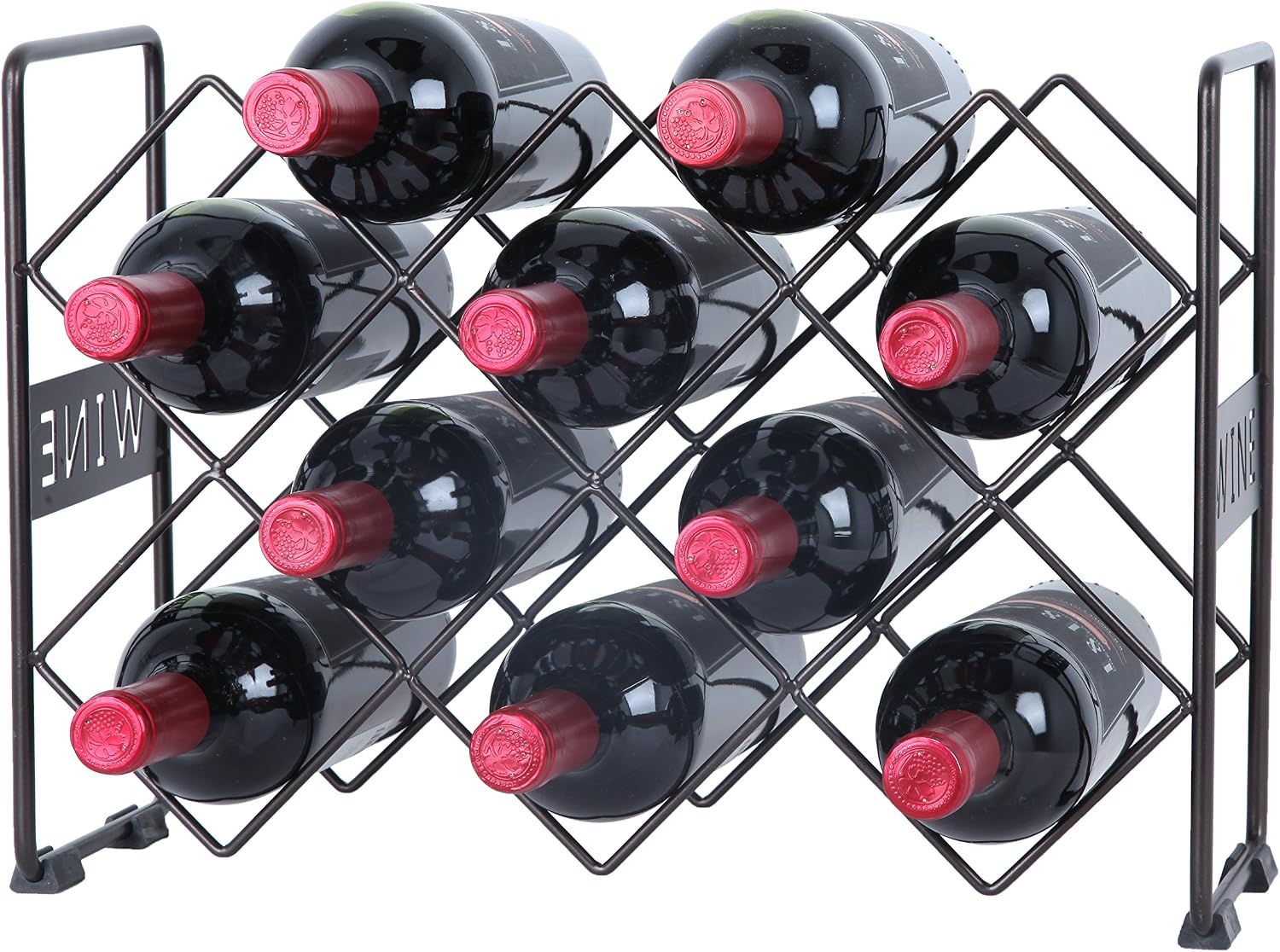 Finnhomy 10 Bottle Wine Rack with Wine Pattern, Wine Bottle Holder Free Standing Wine Storage Rack, 2-Way Storage Original Design, Iron, Brozen