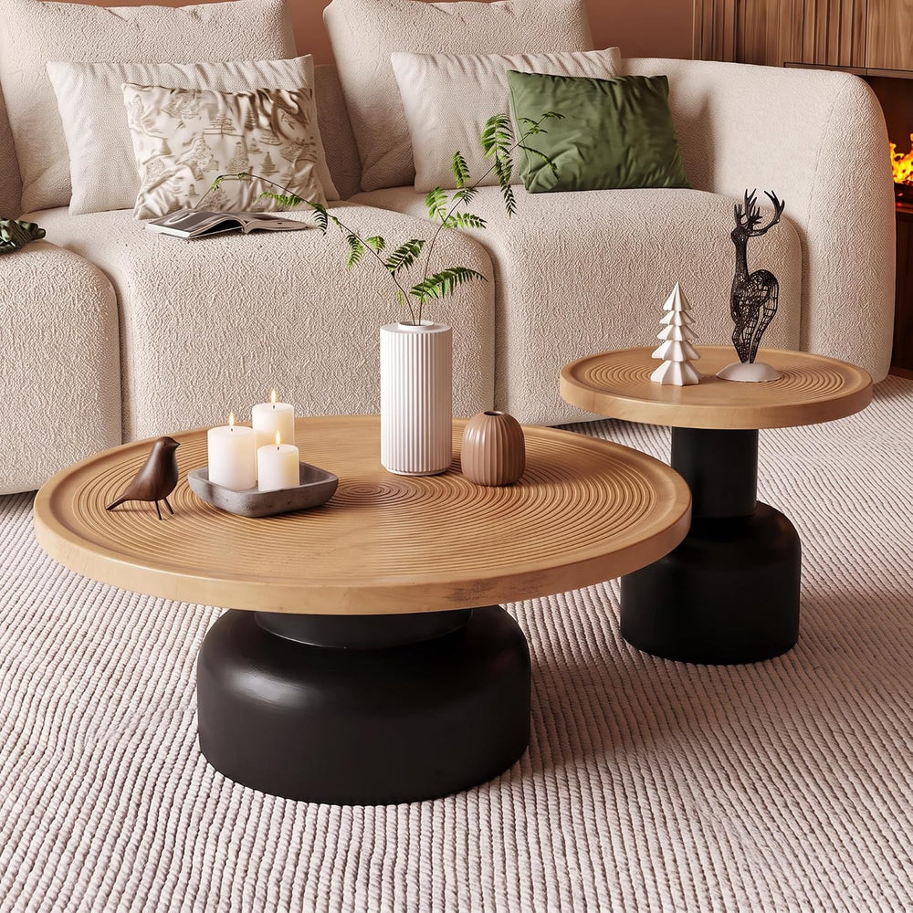 Round Nesting Coffee Table, Reclaimed Wood Top, Circle Texture,Natural | 2-Pi...