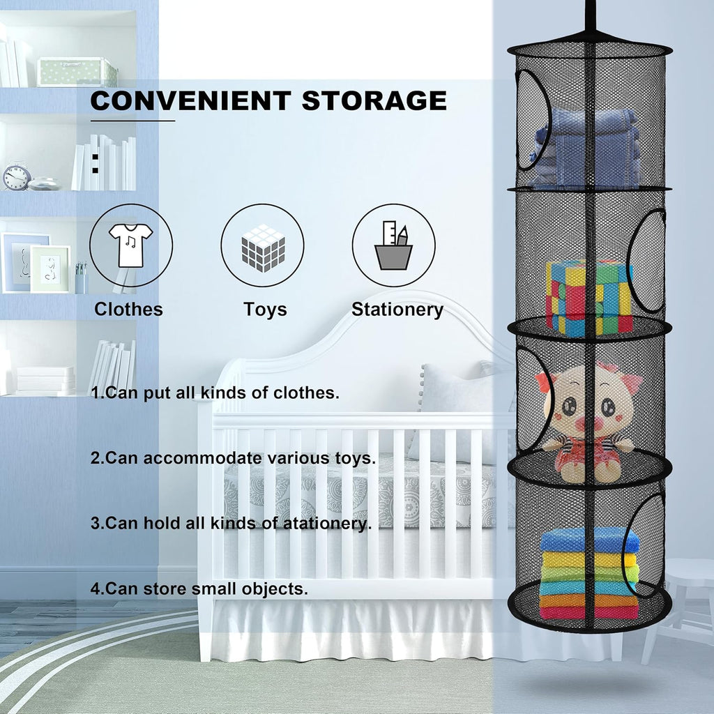 Libeder Mesh Hanging Storage Space Saver Bags Organizer,Foldable Storage Organizer 4 Compartments Toy Storage Basket for Kids Room Bathroom 2 Sets, Black