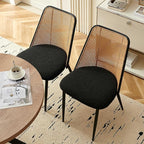 Modern Rattan Dining Chairs Black Set of 4, Upholstered Dining Room Chairs Boucle Woven Cane Kitchen Dining Accent Chairs for Reception Rooms, Restaurant